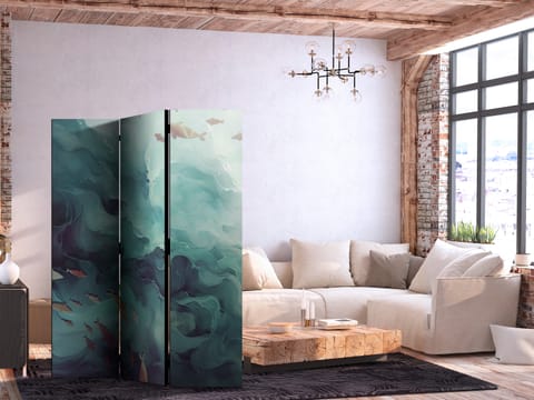 ⁨Parawan - Trzy ławice ryb - Ryby w stonowanej kolorystyce pływające w grupach w oceanicznych głębinach (rozmiar 135x172, wykończenie Jednostronny)⁩ w sklepie Wasserman.eu