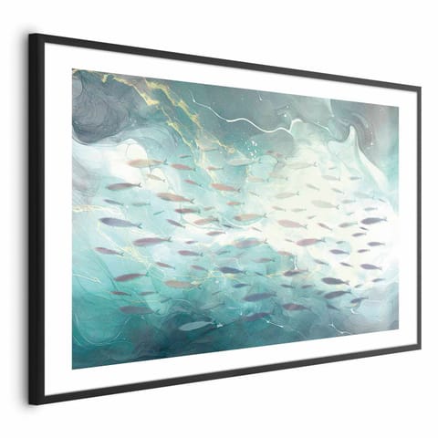 ⁨Plakat - Ławica drobnych ryb (rozmiar 90x60, wykończenie Rama czarna z marginesem)⁩ w sklepie Wasserman.eu