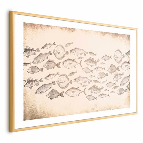⁨Plakat - Subtelne rybki (rozmiar 90x60, wykończenie Rama złota z marginesem)⁩ w sklepie Wasserman.eu