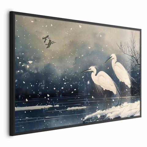 ⁨Plakat - Czaple nad zimowym stawem - ilustracja w stylu japońskiego w ciemnej kolorystyce (rozmiar 60x40, wykończenie Rama czarna)⁩ w sklepie Wasserman.eu