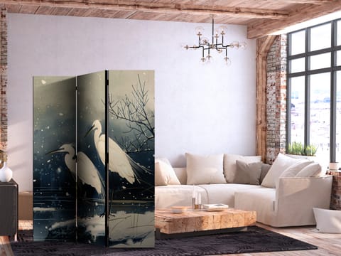 ⁨Parawan - Czaple nad zimowym stawem - ilustracja w stylu japońskiego w ciemnej kolorystyce (rozmiar 135x172, wykończenie Jednostronny)⁩ w sklepie Wasserman.eu