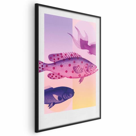 ⁨Plakat - Fantazyjne Ryby - artystyczna ilustracja ryb na kolorowym tle (rozmiar 60x90, wykończenie Rama czarna)⁩ w sklepie Wasserman.eu