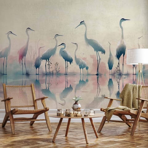 ⁨Fototapeta - Ptaki nad jeziorem - czaple malowane akwarelą w delikatnej, szaro-różowej kolorystyce (rozmiar 98x70, wykończenie Samoprzylepna)⁩ w sklepie Wasserman.eu
