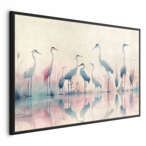 ⁨Plakat - Ptaki nad jeziorem - czaple malowane akwarelą w delikatnej; szaro-różowej kolorystyce (rozmiar 30x21, wykończenie Rama czarna)⁩ w sklepie Wasserman.eu