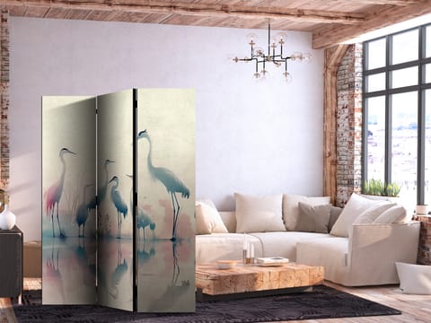 ⁨Parawan - Ptaki nad jeziorem - czaple malowane akwarelą w delikatnej, szaro-różowej kolorystyce (rozmiar 135x172, wykończenie Jednostronny)⁩ w sklepie Wasserman.eu