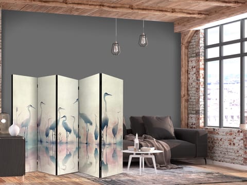 ⁨Parawan - Ptaki nad jeziorem - czaple malowane akwarelą w delikatnej, szaro-różowej kolorystyce (rozmiar 225x172, wykończenie Akustyczny)⁩ w sklepie Wasserman.eu