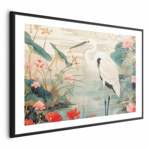 ⁨Plakat - Nad azjatyckim stawem - ilustracja w stylu japońskiej ryciny; przedstawiająca czaplę (rozmiar 90x60, wykończenie Rama czarna z marginesem)⁩ w sklepie Wasserman.eu