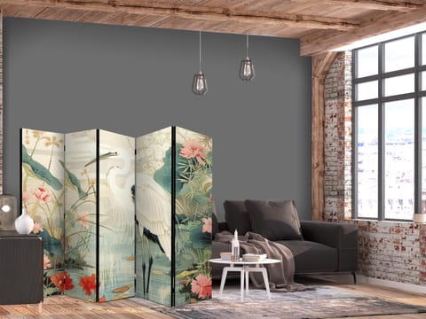 ⁨Parawan - Nad azjatyckim stawem - ilustracja w stylu japońskiej ryciny, przedstawiająca czaplę (rozmiar 225x172, wykończenie Akustyczny)⁩ w sklepie Wasserman.eu