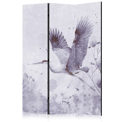 ⁨Parawan - Majestatyczny lot - żuraw w locie w monochromatycznej, chłodnej kolorystyce (rozmiar 135x172, wykończenie Akustyczny)⁩ w sklepie Wasserman.eu