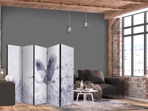 ⁨Parawan - Majestatyczny lot - żuraw w locie w monochromatycznej, chłodnej kolorystyce (rozmiar 225x172, wykończenie Dwustronny)⁩ w sklepie Wasserman.eu