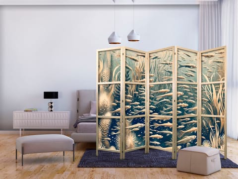 ⁨Parawan japoński - Życie w oceanie - Podwodny świat ryb i roślinności w kolorystyce beżowej i granatowej w stylu retro (rozmiar 225x172, wykończenie )⁩ w sklepie Wasserman.eu