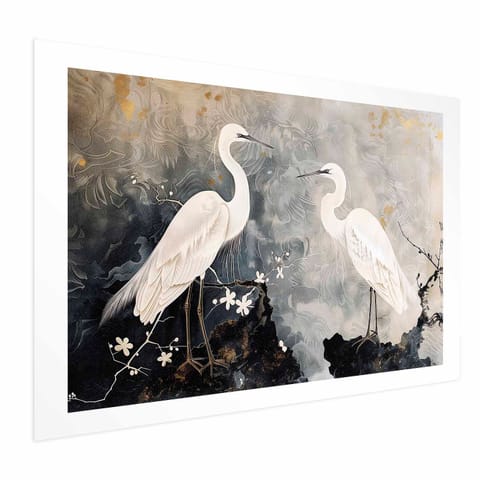⁨Plakat - Czaple i kwiat wiśni - ilustracja w orientalnym stylu przedstawiająca ptaki (rozmiar 60x40, wykończenie Bez ramy z marginesem)⁩ w sklepie Wasserman.eu