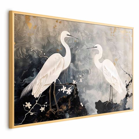 ⁨Plakat - Czaple i kwiat wiśni - ilustracja w orientalnym stylu przedstawiająca ptaki (rozmiar 60x40, wykończenie Rama złota)⁩ w sklepie Wasserman.eu