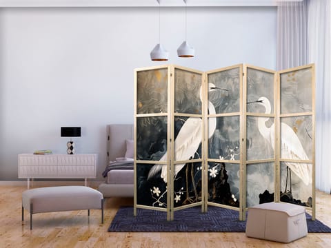 ⁨Parawan japoński - Czaple i kwiat wiśni - ilustracja w orientalnym stylu przedstawiająca ptaki (rozmiar 225x172, wykończenie )⁩ w sklepie Wasserman.eu