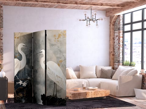 ⁨Parawan - Czaple i kwiat wiśni - ilustracja w orientalnym stylu przedstawiająca ptaki (rozmiar 135x172, wykończenie Dwustronny)⁩ w sklepie Wasserman.eu