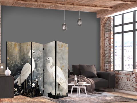 ⁨Parawan - Czaple i kwiat wiśni - ilustracja w orientalnym stylu przedstawiająca ptaki (rozmiar 225x172, wykończenie Akustyczny)⁩ w sklepie Wasserman.eu