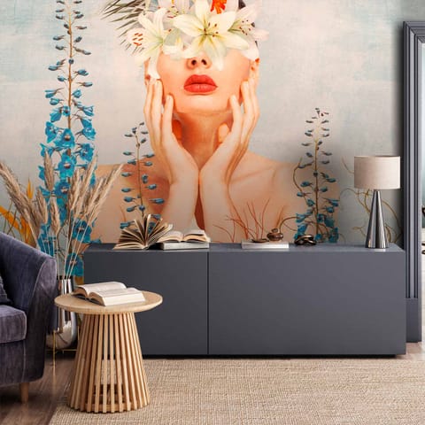 ⁨Fototapeta - Natura w myślach - postać kobiety wśród kwiatów na tle z deseniem (rozmiar 350x256, wykończenie Premium)⁩ w sklepie Wasserman.eu