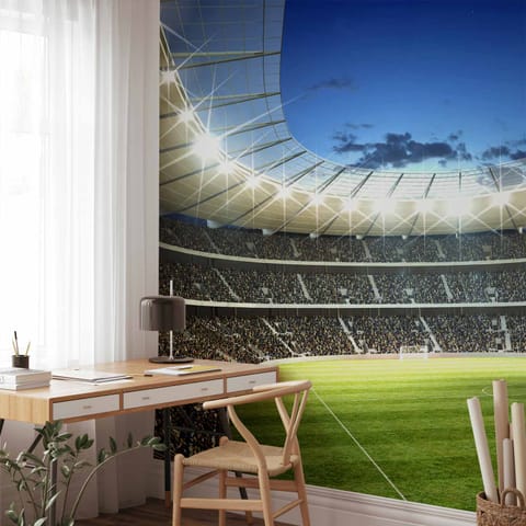 ⁨Fototapeta - Boisko piłarskie - oświetlony stadion z przepełnionymi trybunami (rozmiar 100x70, wykończenie Standard)⁩ w sklepie Wasserman.eu