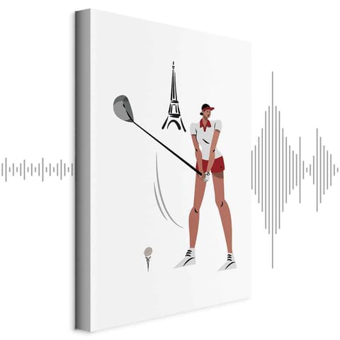 ⁨Obraz - Golfistka z wieżą Eiffla w tle - ilustracja (rozmiar 80x120, wykończenie Akustyczny)⁩ w sklepie Wasserman.eu