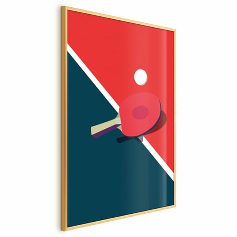 ⁨Plakat - Tenis stołowy - piłeczka i rakietka na stole (rozmiar 29.7x42, wykończenie Rama złota)⁩ w sklepie Wasserman.eu