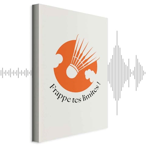 ⁨Obraz - Lotka do badmintona na tle pomarańczowego koła (rozmiar 40x60, wykończenie Akustyczny)⁩ w sklepie Wasserman.eu