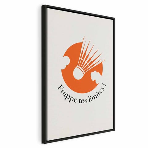 ⁨Obraz - Lotka do badmintona na tle pomarańczowego koła (rozmiar 40x60, wykończenie W ramie drewnianej czarnej)⁩ w sklepie Wasserman.eu