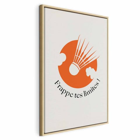 ⁨Obraz - Lotka do badmintona na tle pomarańczowego koła (rozmiar 40x60, wykończenie W ramie drewnianej naturalnej)⁩ w sklepie Wasserman.eu