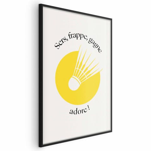 ⁨Plakat - Lotka do badmintona na tle żółtego słońca (rozmiar 29.7x42, wykończenie Rama czarna)⁩ w sklepie Wasserman.eu