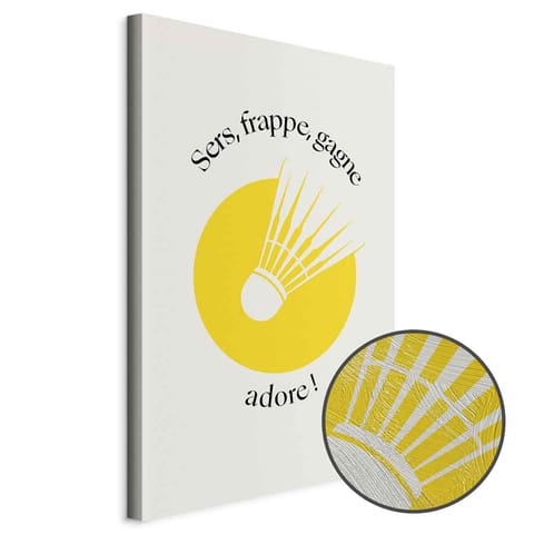 ⁨Obraz - Lotka do badmintona na tle żółtego koła (rozmiar 80x120, wykończenie Premium Print)⁩ w sklepie Wasserman.eu