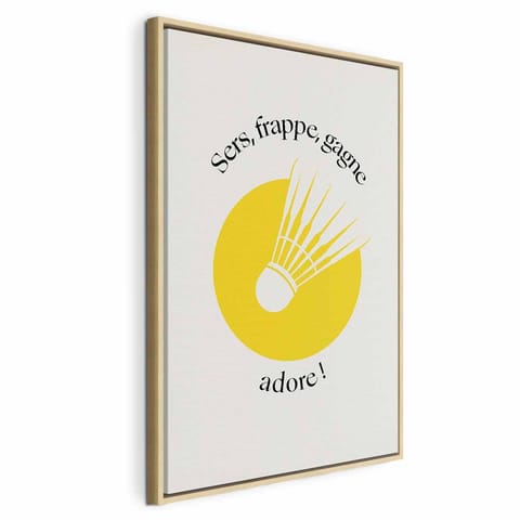 ⁨Obraz - Lotka do badmintona na tle żółtego koła (rozmiar 40x60, wykończenie W ramie drewnianej naturalnej)⁩ w sklepie Wasserman.eu