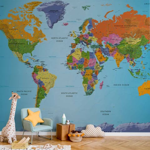 ⁨Self-adhesive wall mural - Colorful political world map in English (size 98x70)⁩ at Wasserman.eu