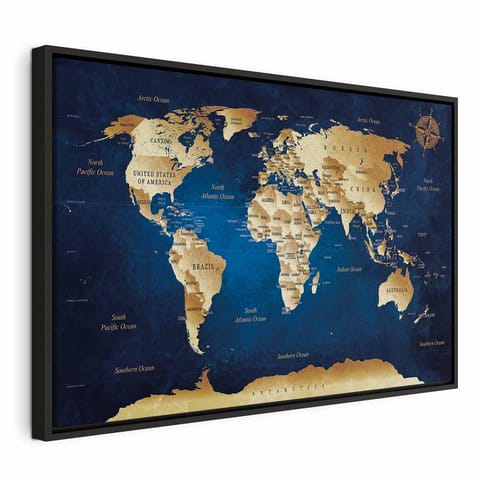 ⁨Obraz - Mapa świata: Granatowa głębia (rozmiar 60x40, wykończenie W ramie drewnianej czarnej)⁩ w sklepie Wasserman.eu
