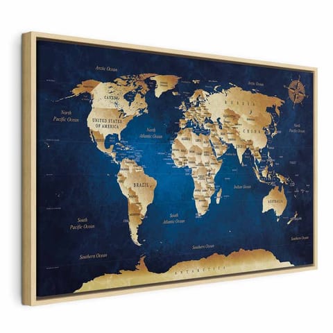 ⁨Obraz - Mapa świata: Granatowa głębia (rozmiar 120x80, wykończenie W ramie drewnianej naturalnej)⁩ w sklepie Wasserman.eu