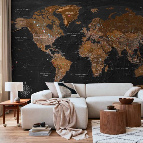 ⁨Wall mural - Black-brown stylish world map with flags (size 100x70)⁩ at Wasserman.eu