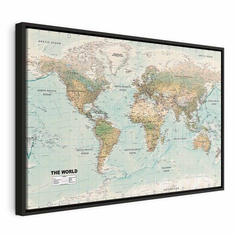 ⁨Obraz - Mapa świata: Piękny świat (rozmiar 120x80, wykończenie W ramie drewnianej czarnej)⁩ w sklepie Wasserman.eu