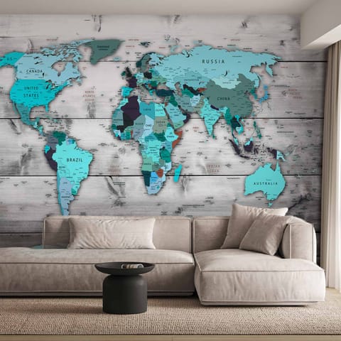 ⁨Wall mural - World map: Blue continents (size 100x70)⁩ at Wasserman.eu