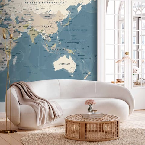 ⁨Self-adhesive mural - Blue and beige retro world map (size 98x70)⁩ at Wasserman.eu
