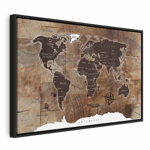 ⁨Obraz - Mapa świata: Drewniana mozaika (rozmiar 90x60, wykończenie W ramie drewnianej czarnej)⁩ w sklepie Wasserman.eu