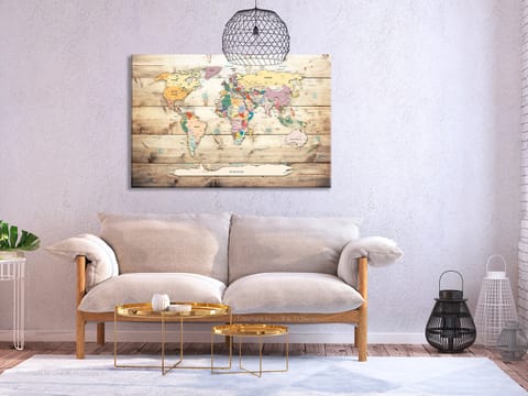 ⁨Obraz na korku - Mapa świata: drewniane oceany [Mapa korkowa] (rozmiar 90x60, wykończenie )⁩ w sklepie Wasserman.eu