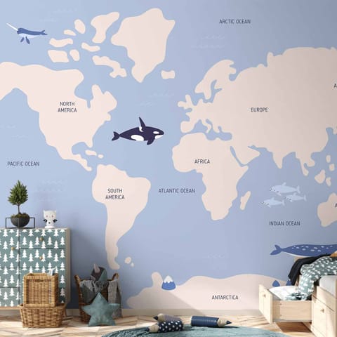 ⁨Fototapeta - Pastelowa planeta - zwierzątka i podwodne rośliny na mapie (rozmiar 343x256, wykończenie Samoprzylepna)⁩ w sklepie Wasserman.eu