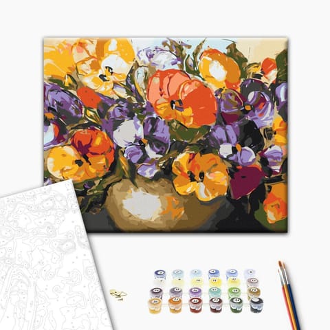 ⁨Obraz do samodzielnego malowania - Bratki w wazonie (rozmiar 50x40, wykończenie )⁩ w sklepie Wasserman.eu