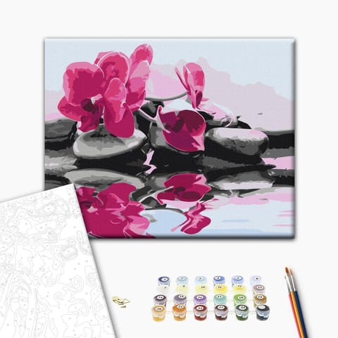 ⁨Obraz do samodzielnego malowania - Orchidea i kamienie zen w lustrze wody (rozmiar 50x40, wykończenie )⁩ w sklepie Wasserman.eu