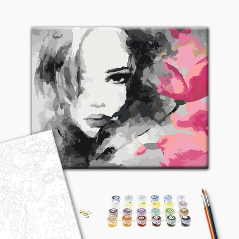 ⁨Obraz do samodzielnego malowania - Czarno-biały portret z różowym kwiatem (rozmiar 50x40, wykończenie )⁩ w sklepie Wasserman.eu