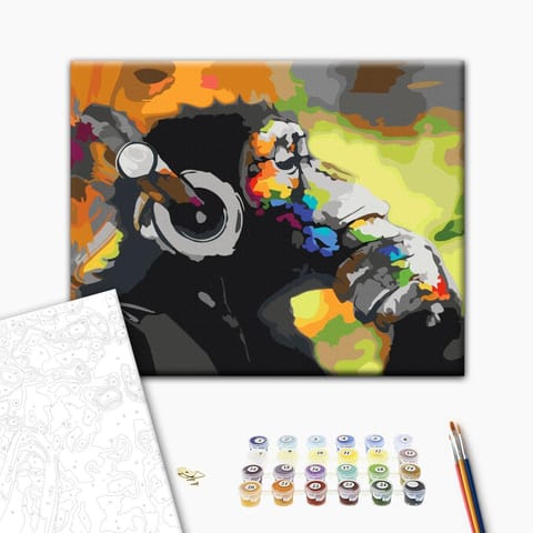 ⁨Obraz do samodzielnego malowania - Kolorowa małpa w słuchawkach (rozmiar 50x40, wykończenie )⁩ w sklepie Wasserman.eu