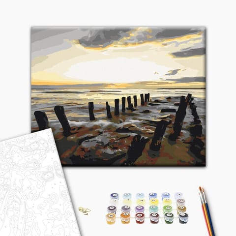 ⁨Obraz do samodzielnego malowania - Plaża (wschód słońca) (rozmiar 50x40, wykończenie )⁩ w sklepie Wasserman.eu