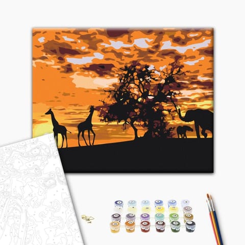 ⁨Obraz do samodzielnego malowania - Na sawannie (żyrafy i słonie) (rozmiar 50x40, wykończenie )⁩ w sklepie Wasserman.eu