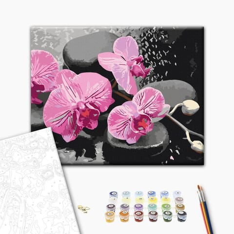 ⁨Obraz do samodzielnego malowania - Orchidea i kamienie zen (czarne tło) (rozmiar 50x40, wykończenie )⁩ w sklepie Wasserman.eu