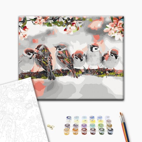 ⁨Obraz do samodzielnego malowania - Ptaszki na gałęzi (rozmiar 50x40, wykończenie )⁩ w sklepie Wasserman.eu