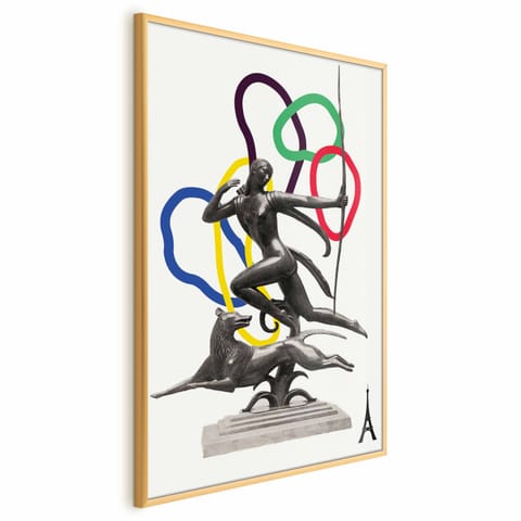 ⁨Plakat - Grafika kolaż - kobieta strzelająca z łuku (rozmiar 40x60, wykończenie Rama złota)⁩ w sklepie Wasserman.eu