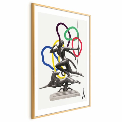 ⁨Plakat - Grafika kolaż - kobieta strzelająca z łuku (rozmiar 60x90, wykończenie Rama złota z marginesem)⁩ w sklepie Wasserman.eu